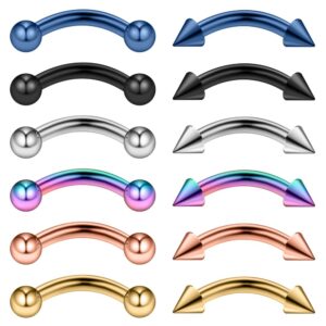 ruifan 12pcs assorted colors pa eyebrow piercing jewelry curved barbell with balls & spikes kit pa eyebrow tragus lip ring 12g 10mm