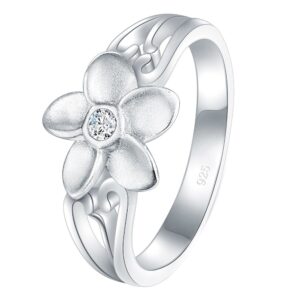 BORUO 925 Sterling Silver Ring, Plumeria Cubic Zirconia CZ Hawaiian Flower Comfort Fit Wedding Band Ring Size 9