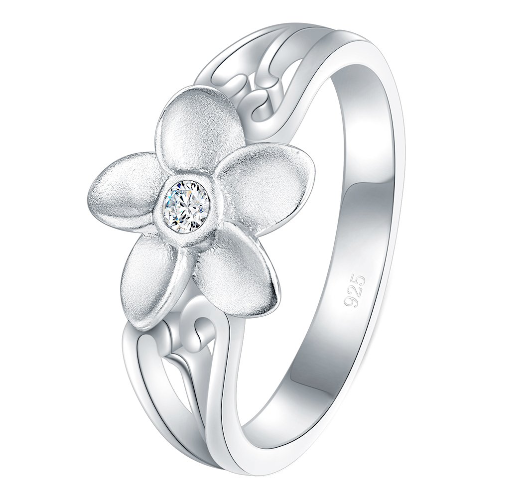 BORUO 925 Sterling Silver Ring, Plumeria Cubic Zirconia CZ Hawaiian Flower Comfort Fit Wedding Band Ring Size 9