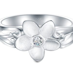 BORUO 925 Sterling Silver Ring, Plumeria Cubic Zirconia CZ Hawaiian Flower Comfort Fit Wedding Band Ring Size 9