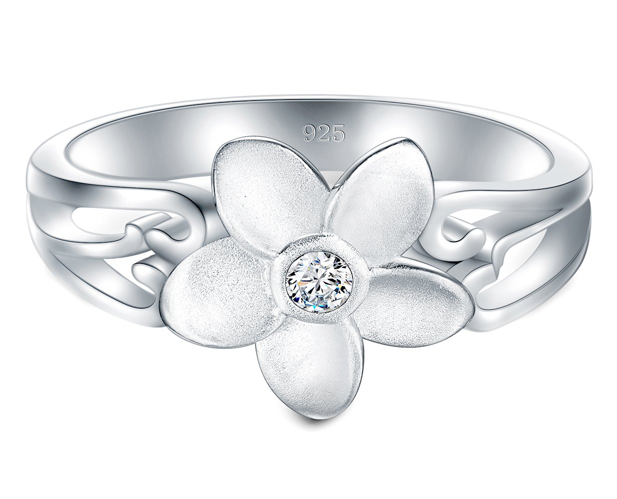 BORUO 925 Sterling Silver Ring, Plumeria Cubic Zirconia CZ Hawaiian Flower Comfort Fit Wedding Band Ring Size 9