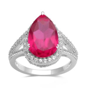 Jewelili Sterling Silver 14x9mm Pear Created Ruby and Round Created White Sapphire Teardrop Halo Ring, Size 8