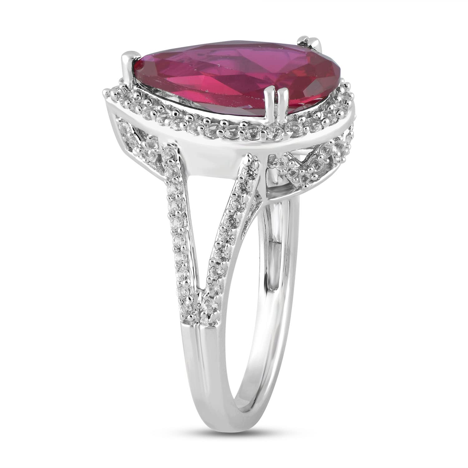 Jewelili Sterling Silver 14x9mm Pear Created Ruby and Round Created White Sapphire Teardrop Halo Ring, Size 8