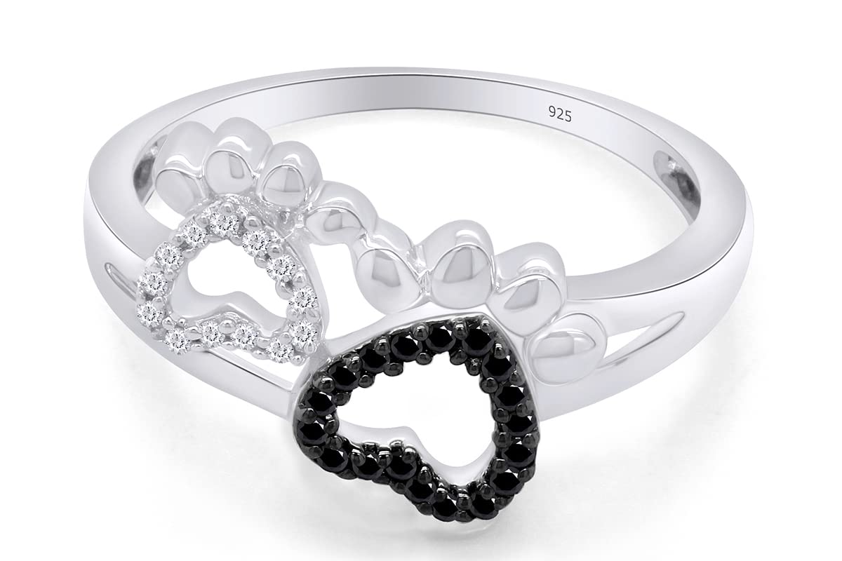 Round Cut White & Black Diamond Paw Print Promise Ring In 14K White Gold Over Sterling Silver (0.10 cttw) Ring Size-7