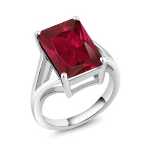 Gem Stone King 925 Sterling Silver Created Ruby Solitaire Ring For Women (8.00 Cttw, Emerald Cut 14X10MM, Available In Size 5, 6, 7, 8, 9)