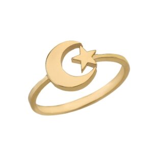 middle eastern jewelry women's 14k yellow gold islamic crescent moon and star ring (size 7)