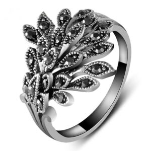 Yfnfxl Womens Antique Black Marcasite Rhinestone Crystal Vintage Leaves Statement Cocktail Rings (9)