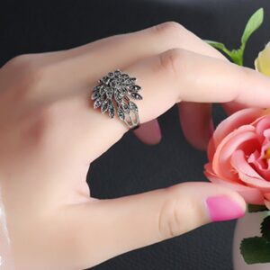 Yfnfxl Womens Antique Black Marcasite Rhinestone Crystal Vintage Leaves Statement Cocktail Rings (9)