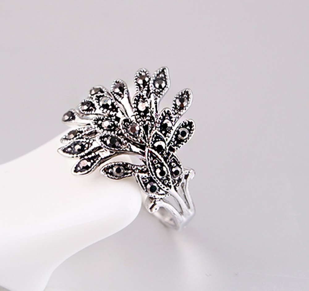 Yfnfxl Womens Antique Black Marcasite Rhinestone Crystal Vintage Leaves Statement Cocktail Rings (9)