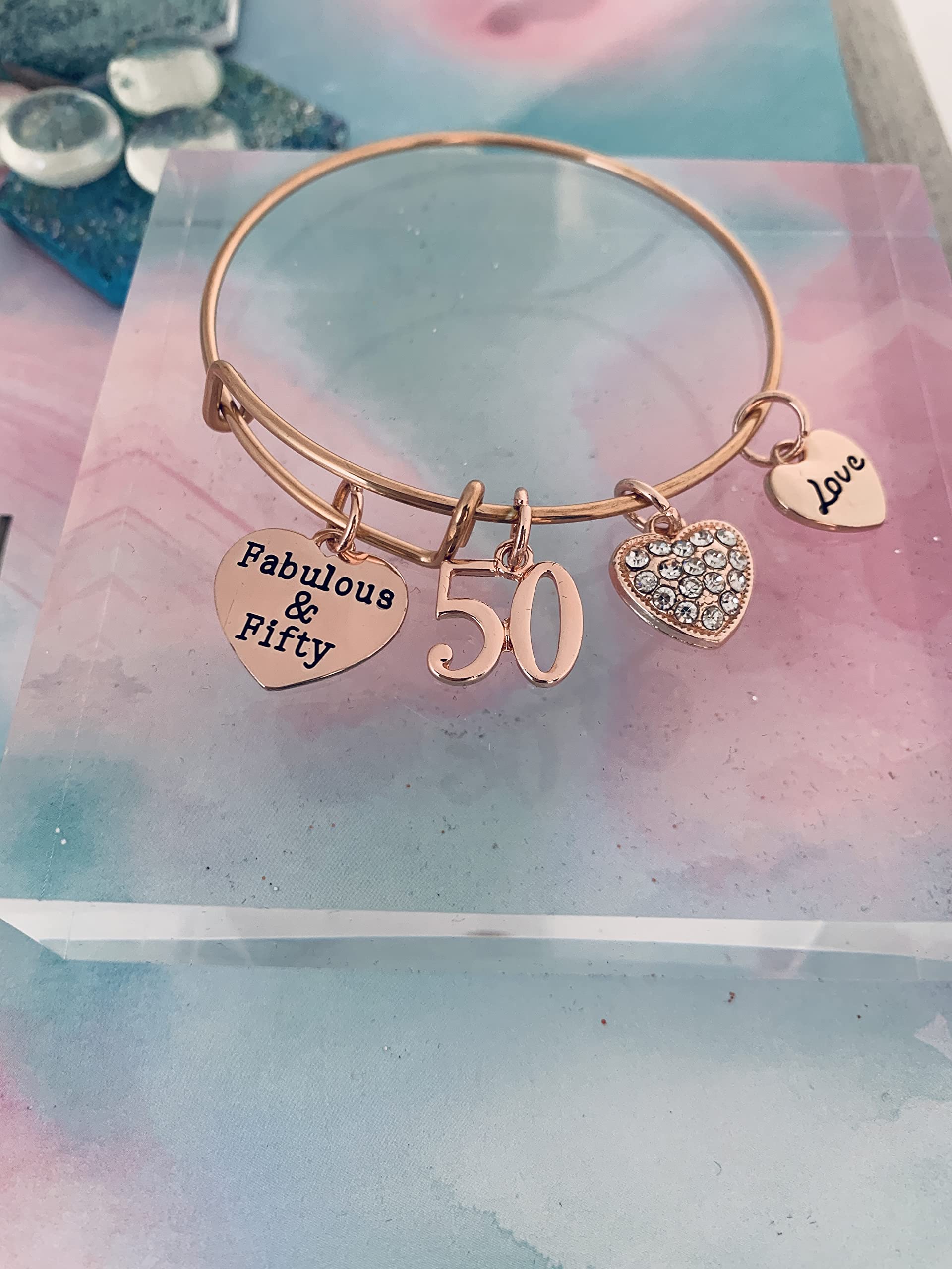 Infinity Collection 50th Birthday Gifts for Women, 50th Birthday Expandable Charm Bracelet, Fabulous and Fifty Bracelet, 50th Birthday Gift Idea for Her