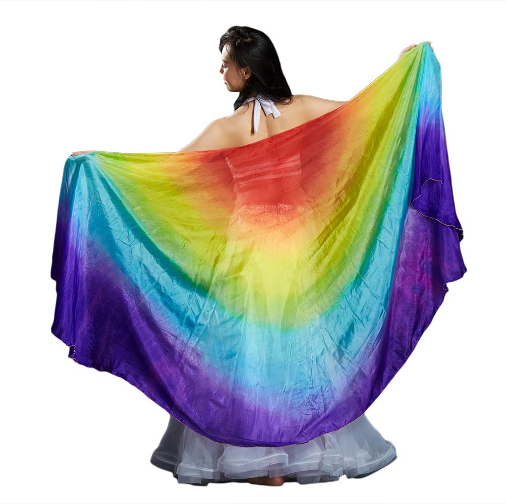 DEMON BABY 2020 Professional High-grade Pure Silk Half Circle Rainbow Belly Dance Veils Scarf Big Shawl(1Pair-Double Veils;#4)