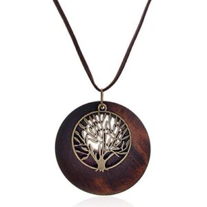 SIVITE Vintage Bronze Tree of Life with Wood Pendant Necklace Long Leather Chain Wooden Necklace for Women