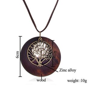 SIVITE Vintage Bronze Tree of Life with Wood Pendant Necklace Long Leather Chain Wooden Necklace for Women