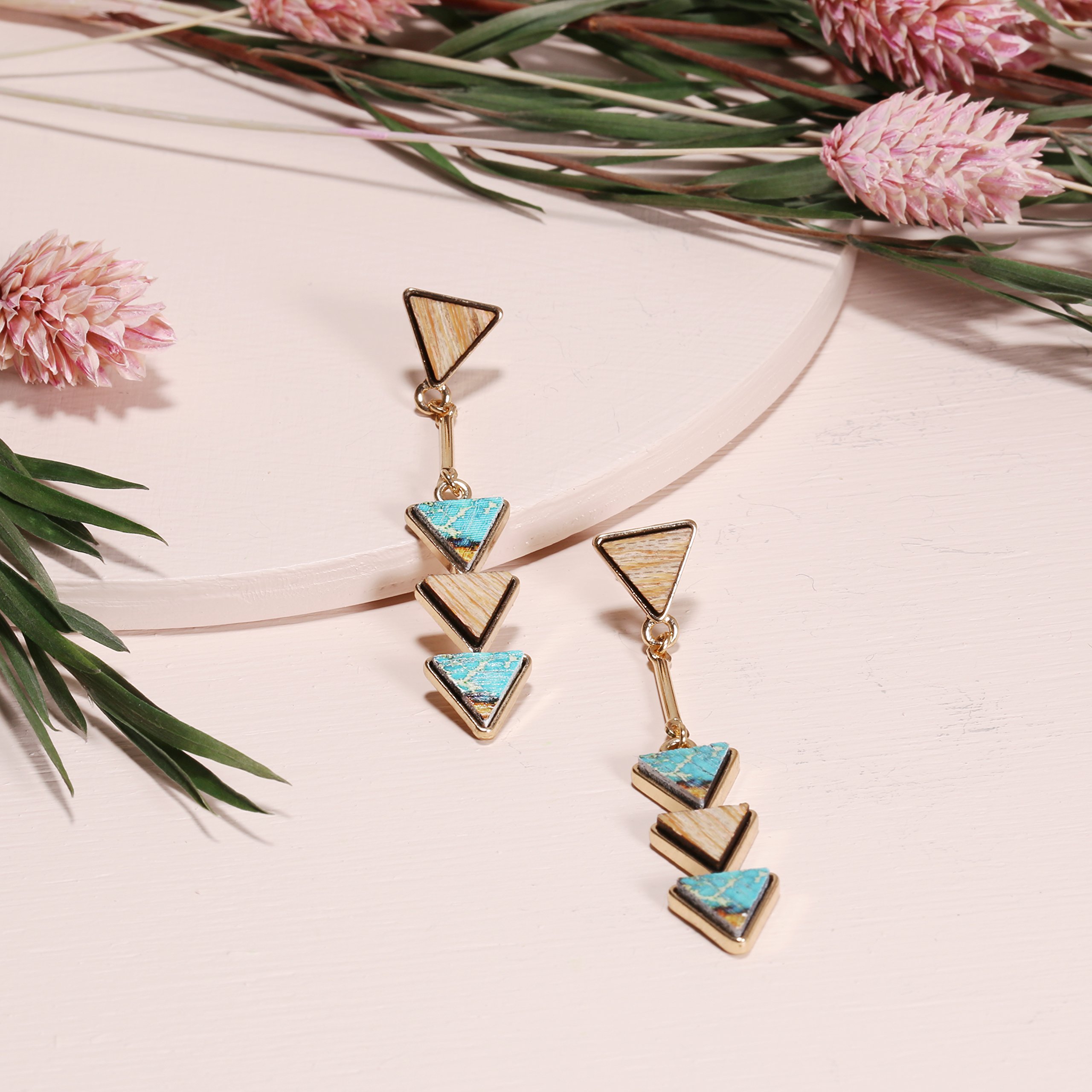 BONALUNA Bohemian Wood And Marble Effect Triangle Drop Statement Earrings (TURQ)