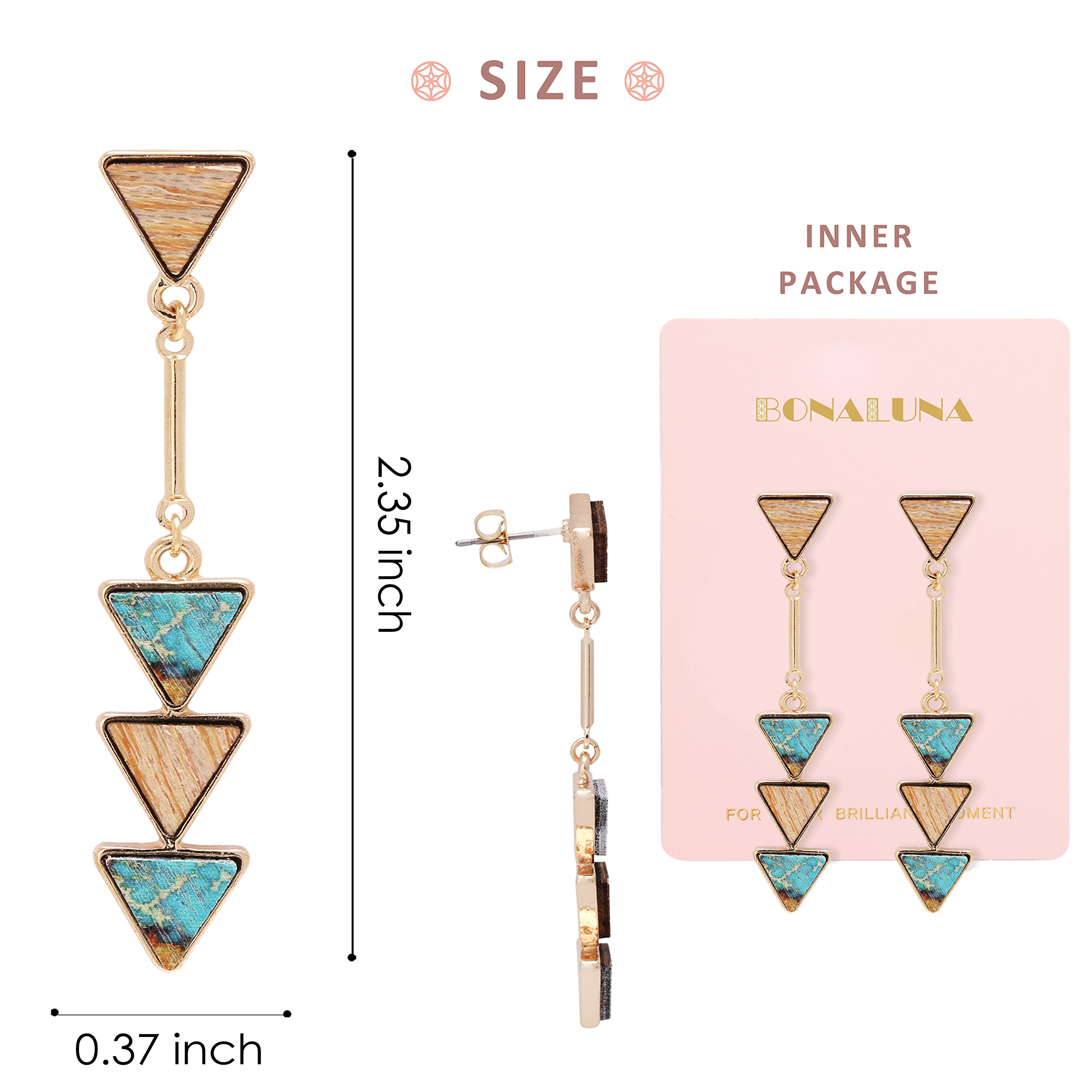 BONALUNA Bohemian Wood And Marble Effect Triangle Drop Statement Earrings (TURQ)