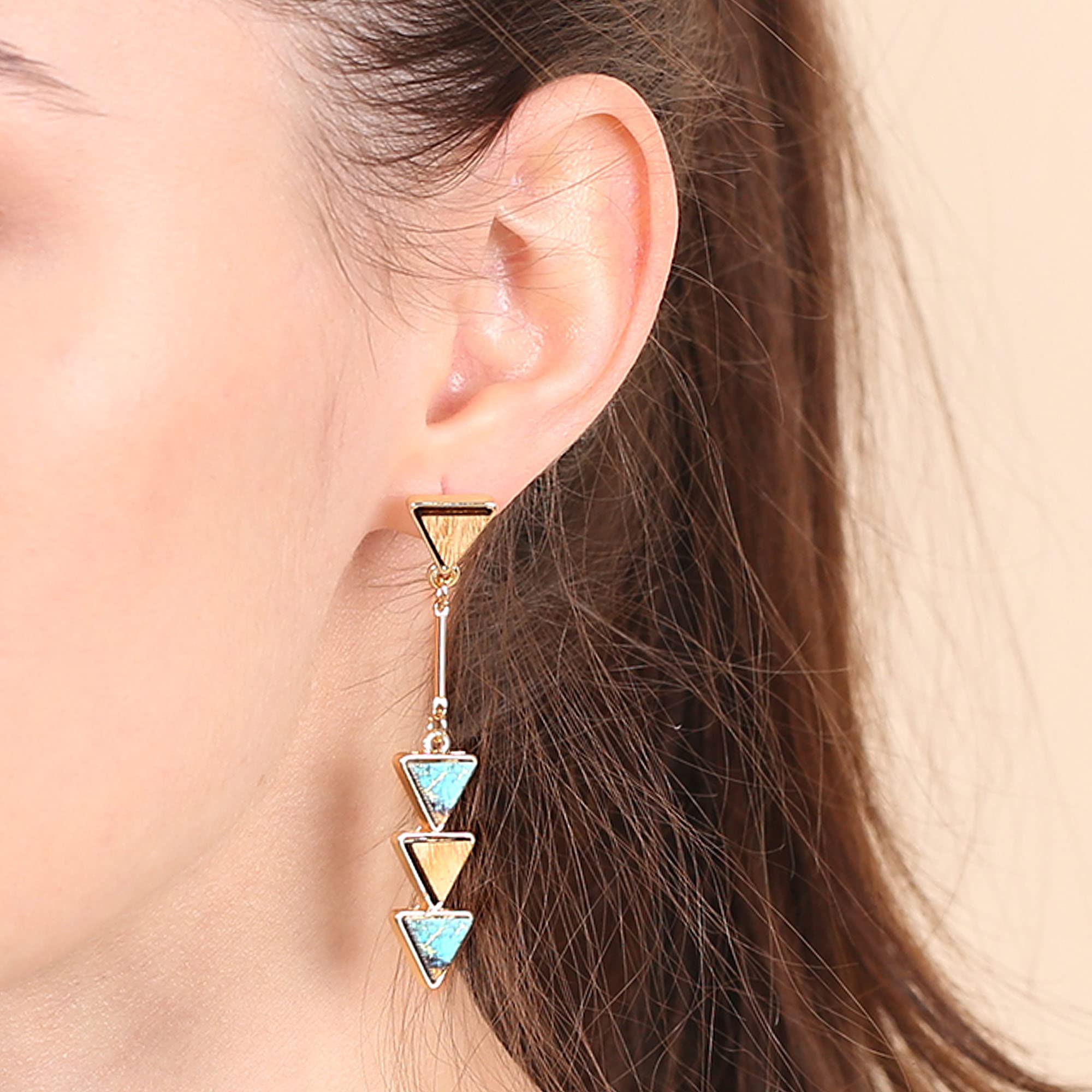 BONALUNA Bohemian Wood And Marble Effect Triangle Drop Statement Earrings (TURQ)