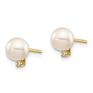 14k yellow gold 5mm white round saltwater akoya cultured pearl diamond stud earrings