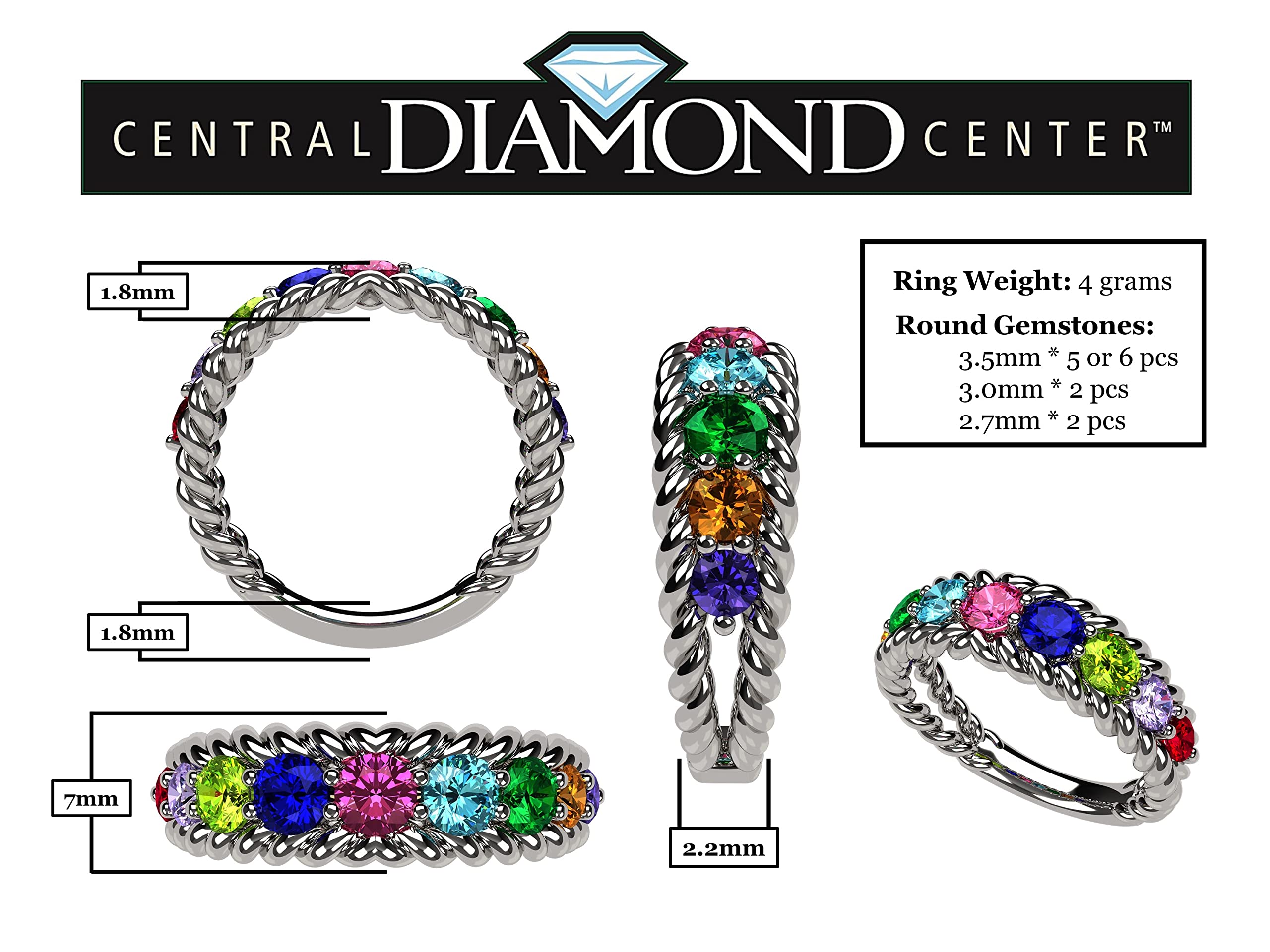 Central Diamond Center Rope Mothers Ring 1 to 10 Simulated Birthstones - Sterling Silver - Platinum Plated - Size 7