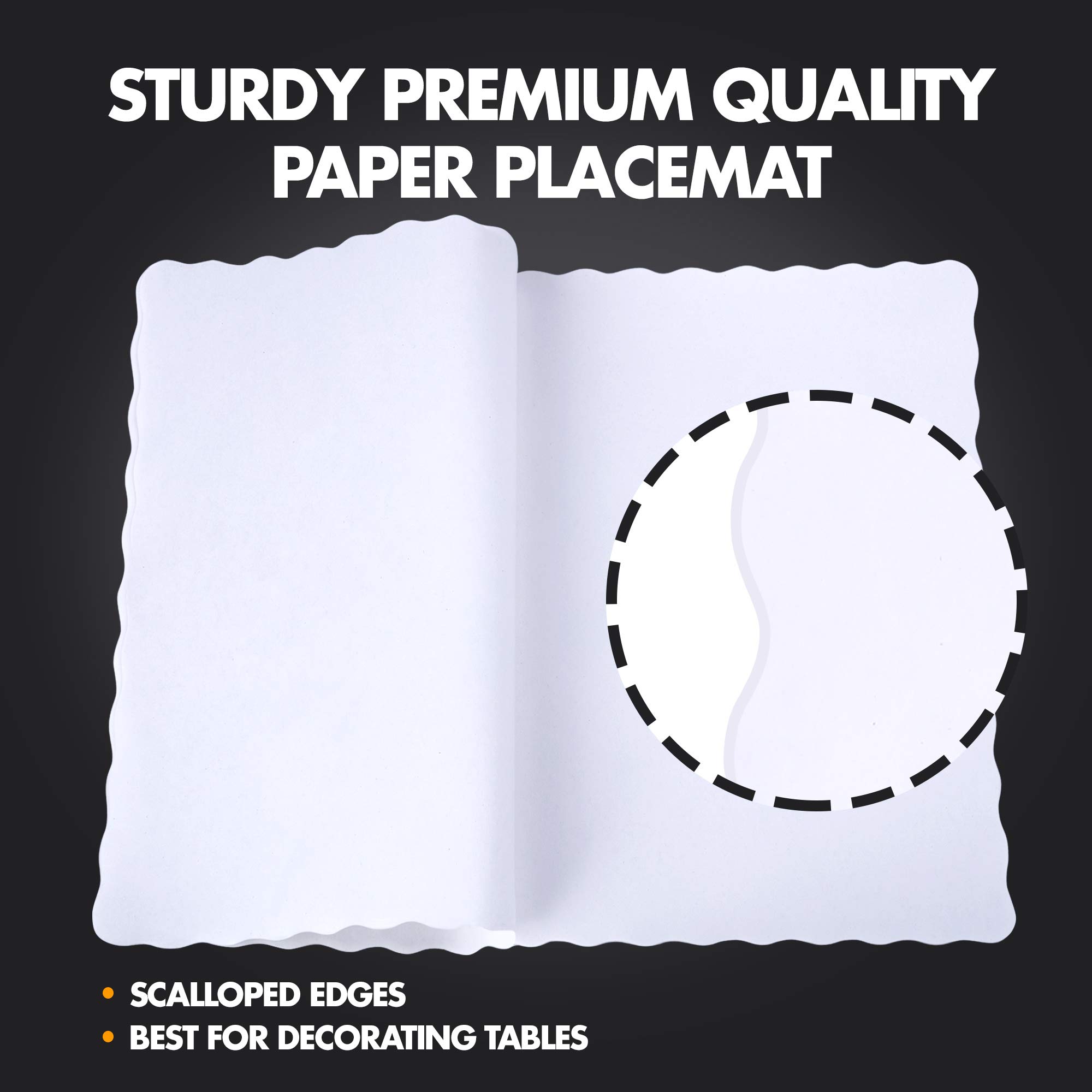 Fit Meal Prep 200 Pack Disposable Paper Placemats, 14 x 10 Inch White with Decorative Wavy Scalloped Edge for Restaurant Catering Dining Table, Baby Kids Birthday Parties