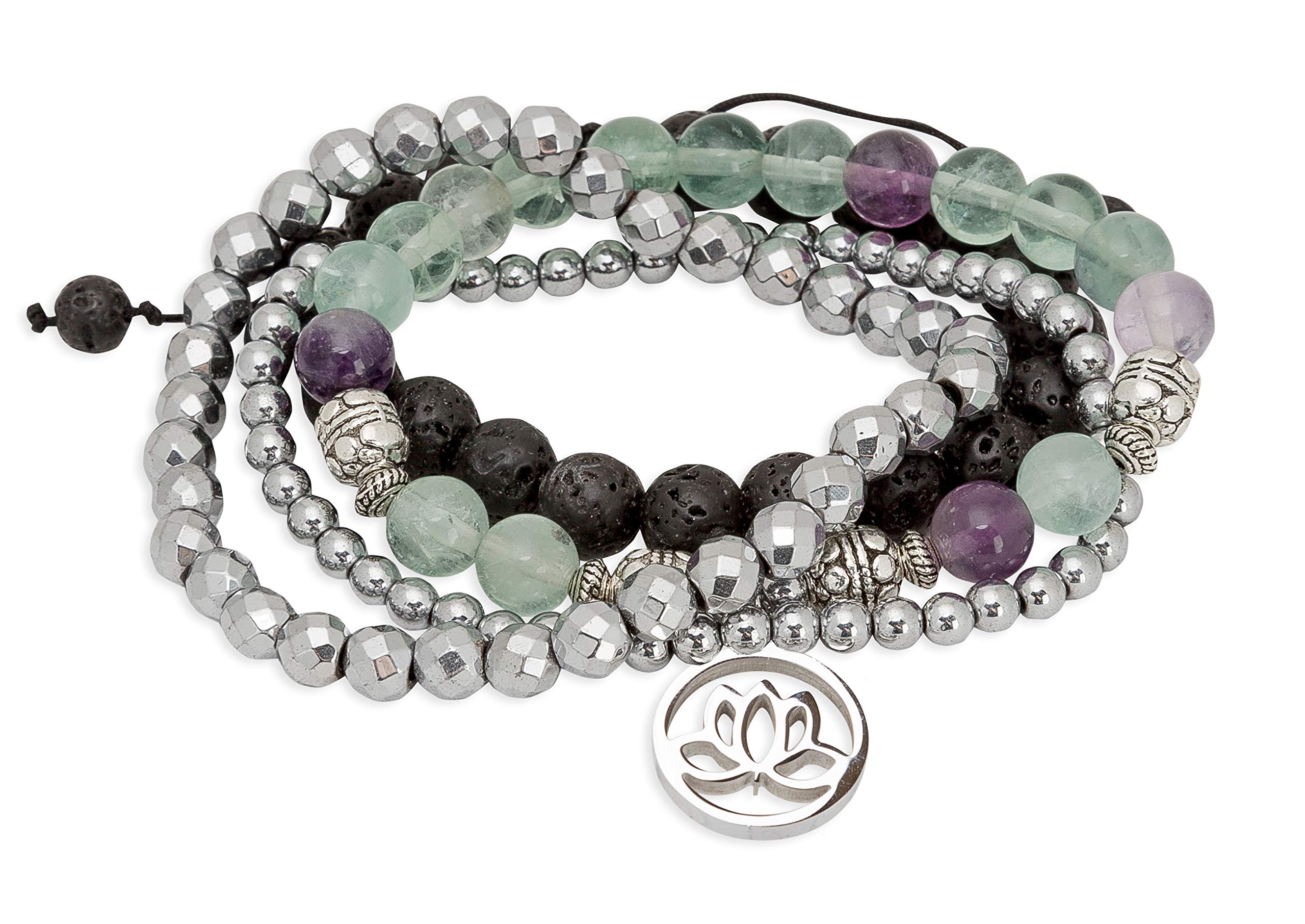 SPUNKYsoul Purple & Green Fluorite Lotus New Beginnings Bracelet Hematite for healing Stack Bracelet Set Collection