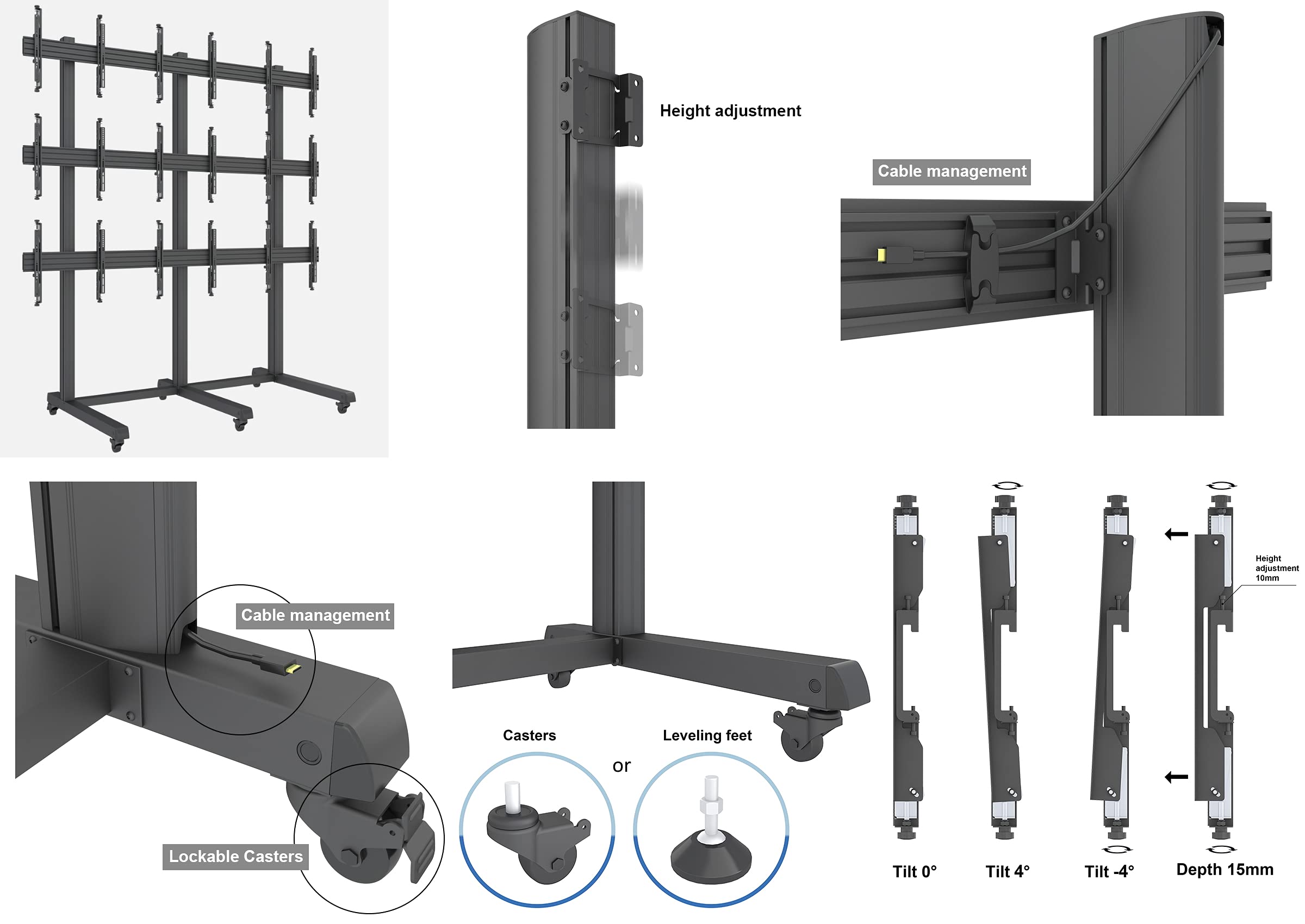 3x3 Video Wall Rolling Mount Cart Display with Micro Adjustment Arms Vesa Universal TV Television