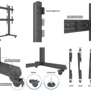 2x2 Rolling Video Wall Mount Cart Display with Micro Adjustment Arms Vesa Universal TV Television