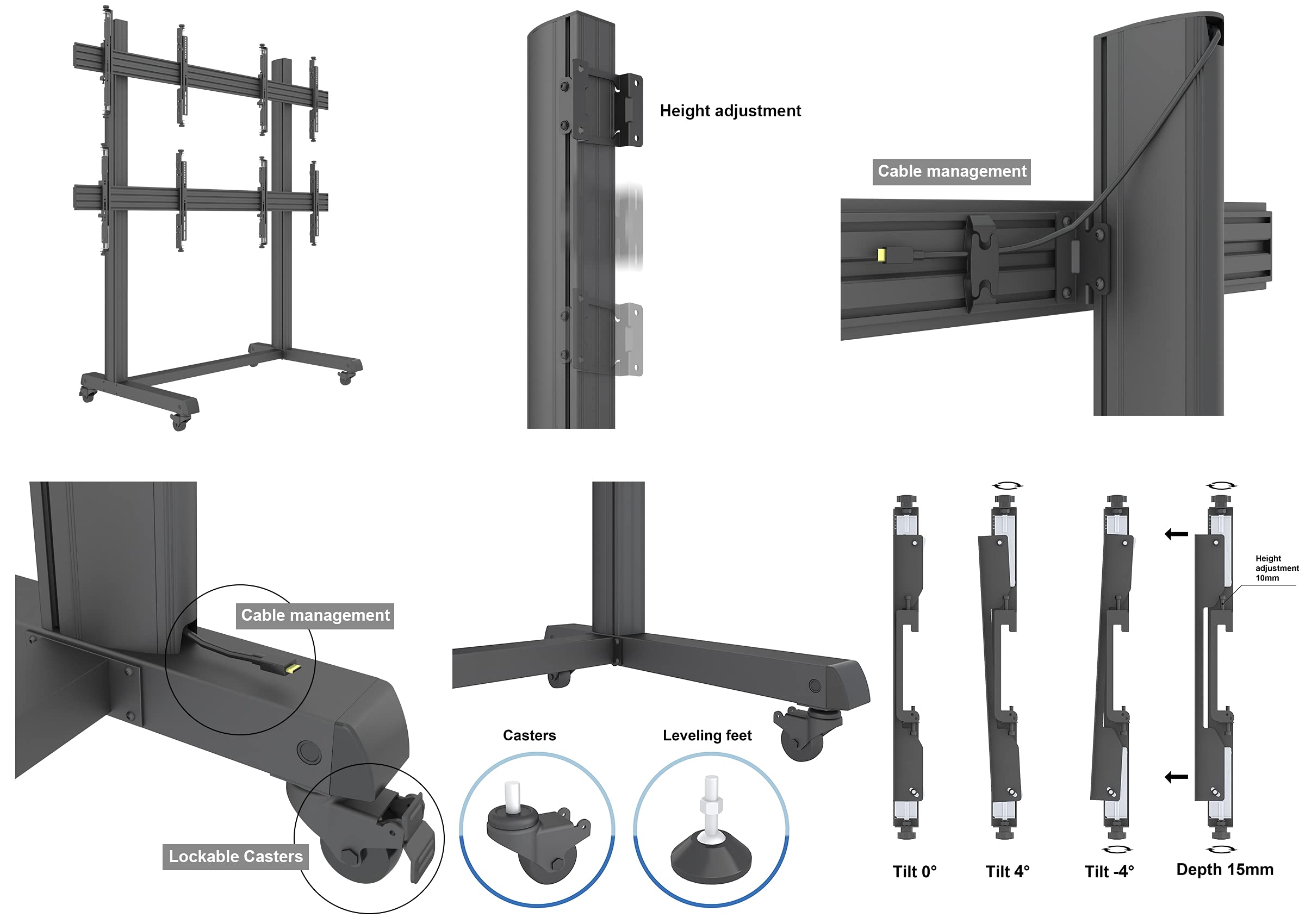 2x2 Rolling Video Wall Mount Cart Display with Micro Adjustment Arms Vesa Universal TV Television