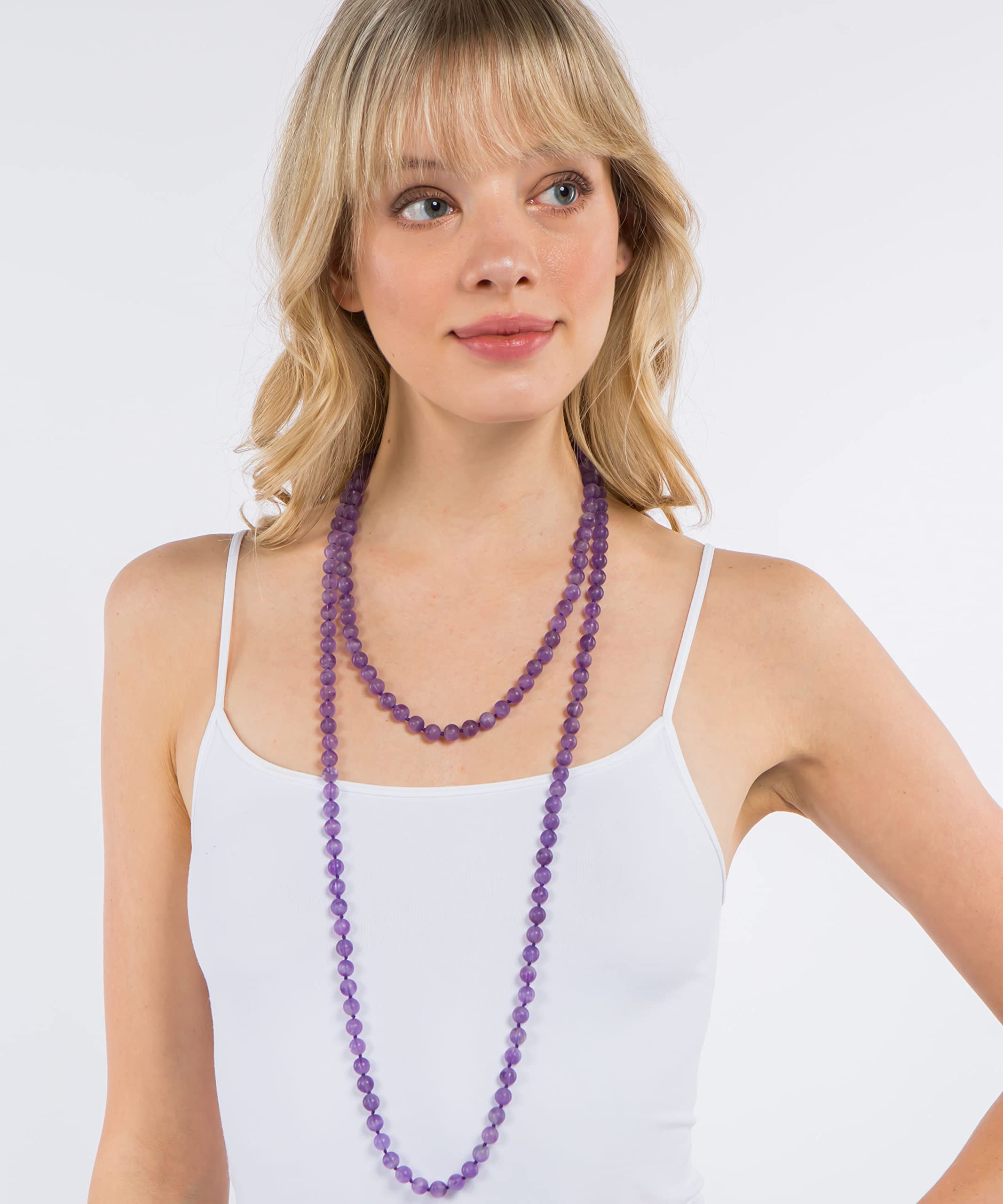 MGR MY GEMS ROCK! 60 Inch Polished Genuine Amethyst Stone Multi-layer Long Endless Infinity Beaded Necklace.