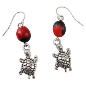 peruvian turtle earrings for women - huayruro red & black seed, dangle ecofriendly earrings by eb