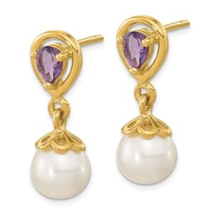 14k yellow gold 6mm white round freshwater cultured pearl purple amethyst post drop dangle earrings february birthstone jewelry