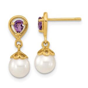 14K Yellow Gold 6mm White Round Freshwater Cultured Pearl Purple Amethyst Post Drop Dangle Earrings February Birthstone Jewelry