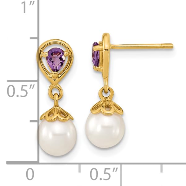 14K Yellow Gold 6mm White Round Freshwater Cultured Pearl Purple Amethyst Post Drop Dangle Earrings February Birthstone Jewelry