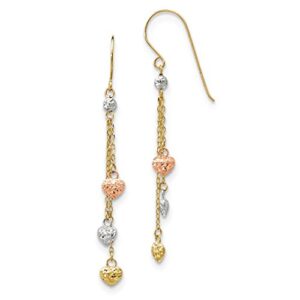 14K Tri Color Gold Triple Heart Love Drop Dangle Earrings