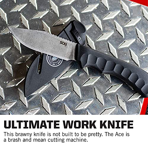 SOG Ace Field Fixed Blade Knife- Full Tang 3.8 Inch Clip Point Blade Survival Knife w/ Cord Cutting Sheath and Easy-Grip Handle (ACE1001-CP), Black