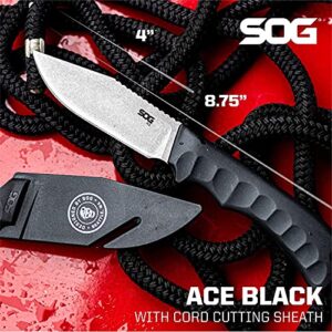 SOG Ace Field Fixed Blade Knife- Full Tang 3.8 Inch Clip Point Blade Survival Knife w/ Cord Cutting Sheath and Easy-Grip Handle (ACE1001-CP), Black