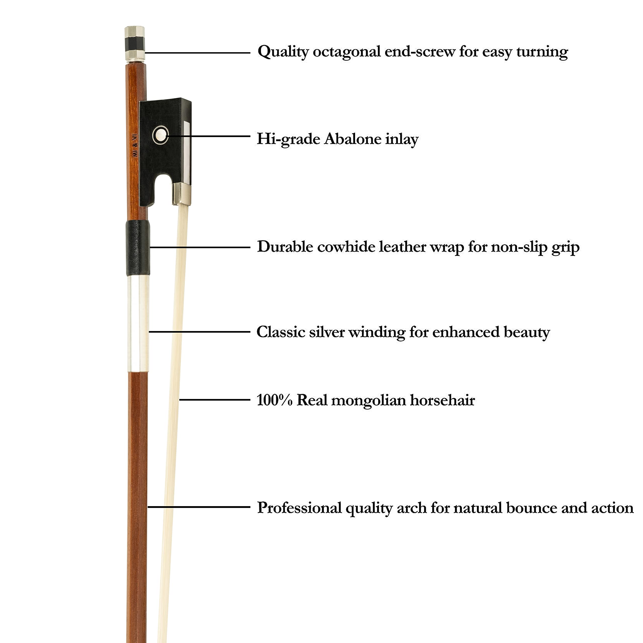 MI&VI NB-510 Brazilwood Violin Bow (3/4 Size) with Ebony Frog | Octagonal Silver Mount | Well Balanced | Light Weight | Real Mongolian Horse Hair - MIVI Music