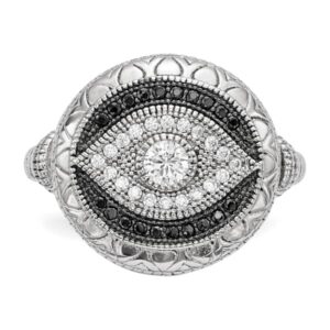 925 Sterling Silver Black White Cubic Zirconia CZ Hamsa Good Luck Evil Eye Protection Ring Size 7