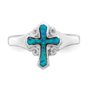 925 Sterling Silver Blue Created Opal Holy Cross Ring Christian Religious Band Size 8