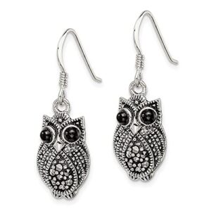 925 Sterling Silver Vintage Marcasite Blk Agate Owl Symbol of Wisdom Bird Drop Dangle Earrings