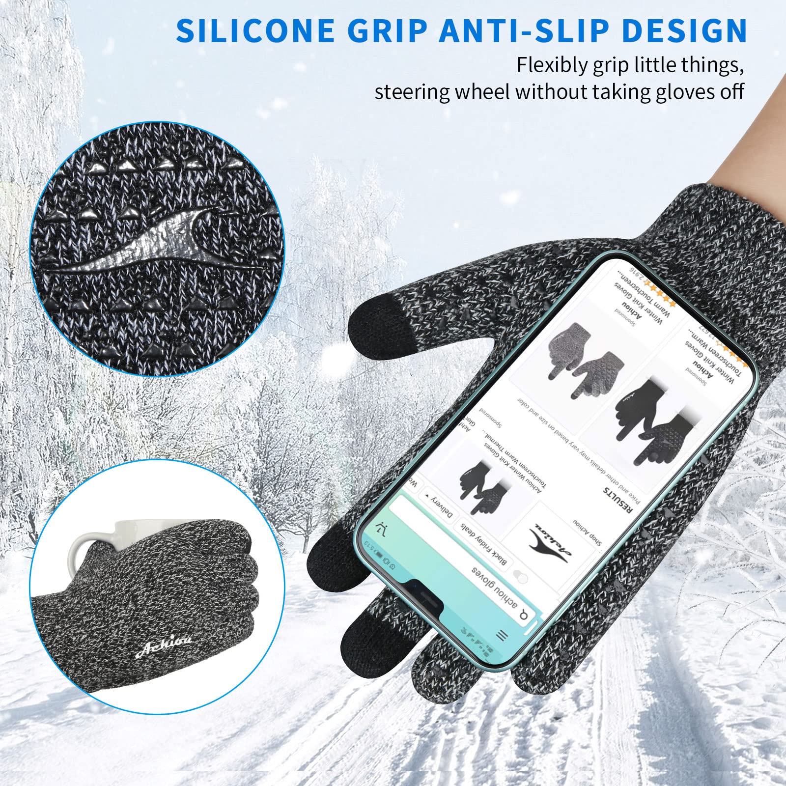 Achiou Winter Gloves for Men Women, Touch Screen Texting Warm Gloves with Thermal Soft Knit Lining,Elastic Cuff