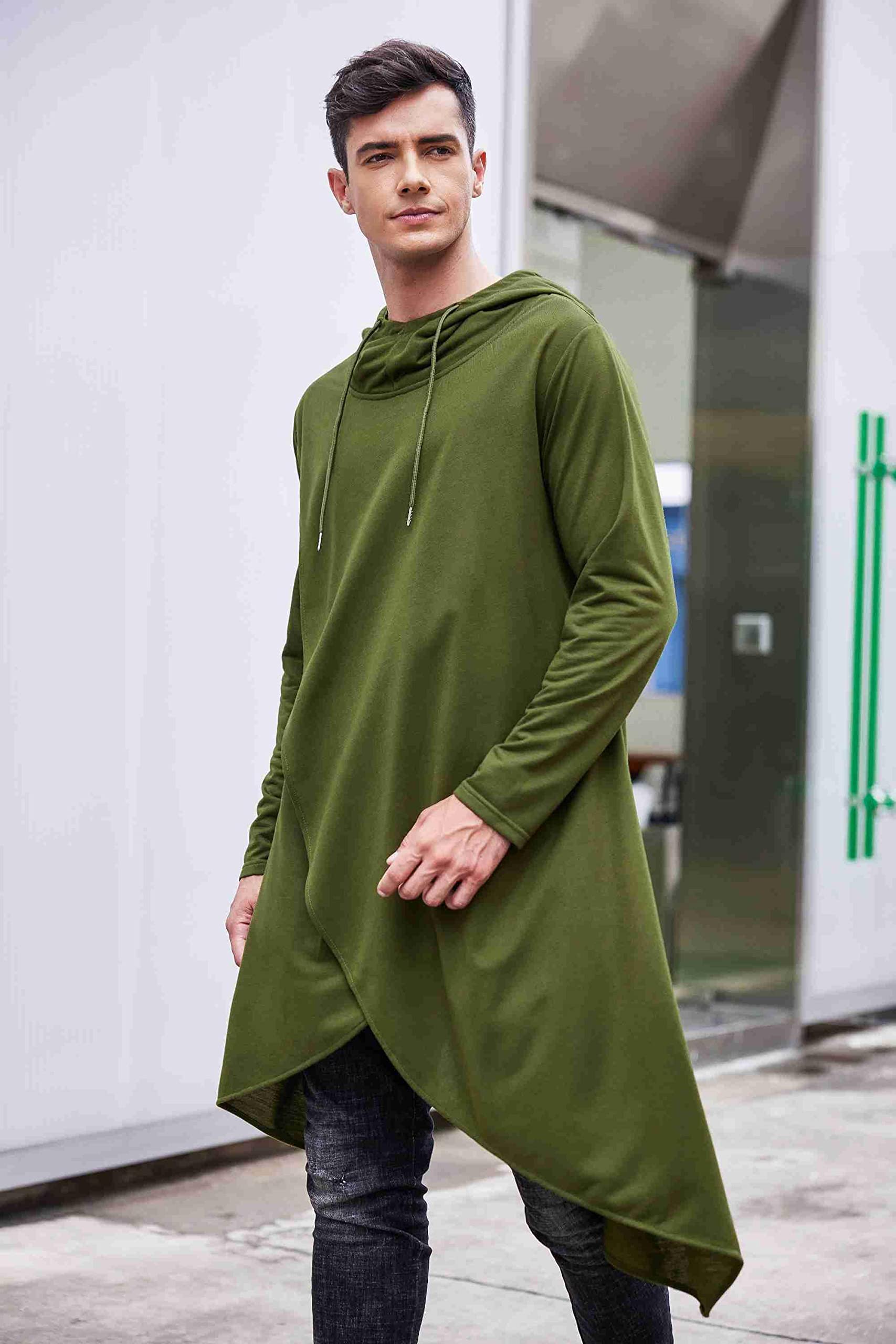 COOFANDY Mens Casual Hooded Poncho Cape Cloak Irregular Hem Hoodie Pullover,Army Green,X-Large