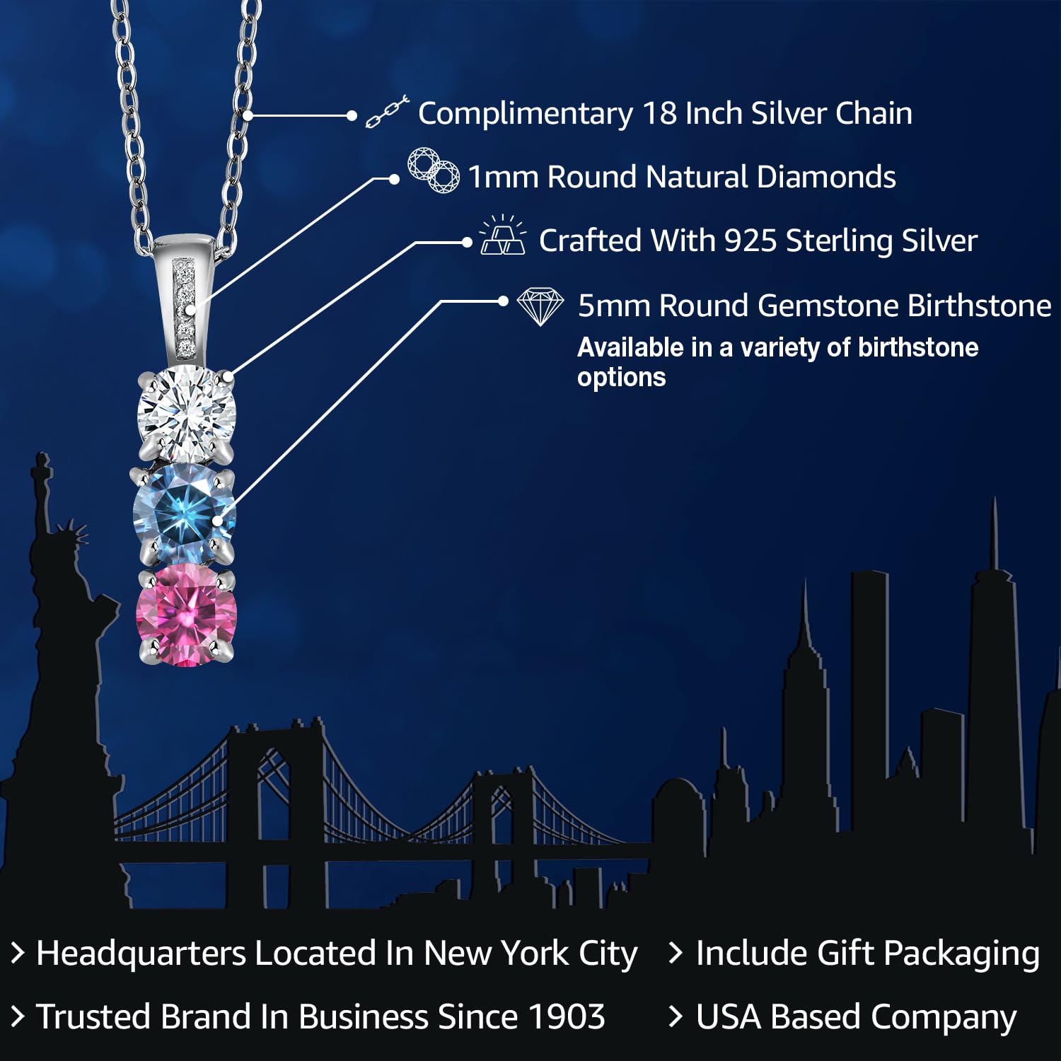 Gem Stone King 925 Sterling Silver Build Your Own Personalized Round 3 Birthstones with Diamond Fashion Pendant Necklace For Women with 18 Inch Silver Chain