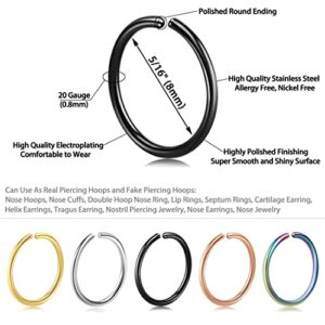 SkullParty Zifoan 5 pairs Nose Rings Hoop 20 Gauge Non Piercing Stainless Steel Clip-on Fake Nose Ring Body Jewelry (10PCS Inner Diameter: 5/16 (8mm))