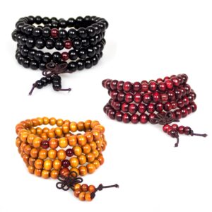 PWMENLK 108 Mala Beads Bracelets Meditation Necklace 3pc 8mm Wood Prayer Beads Buddhist Wooden Beaded Tibetan Buddha Bead Sandalwood Beaded Necklace for Men Women(red black orange)