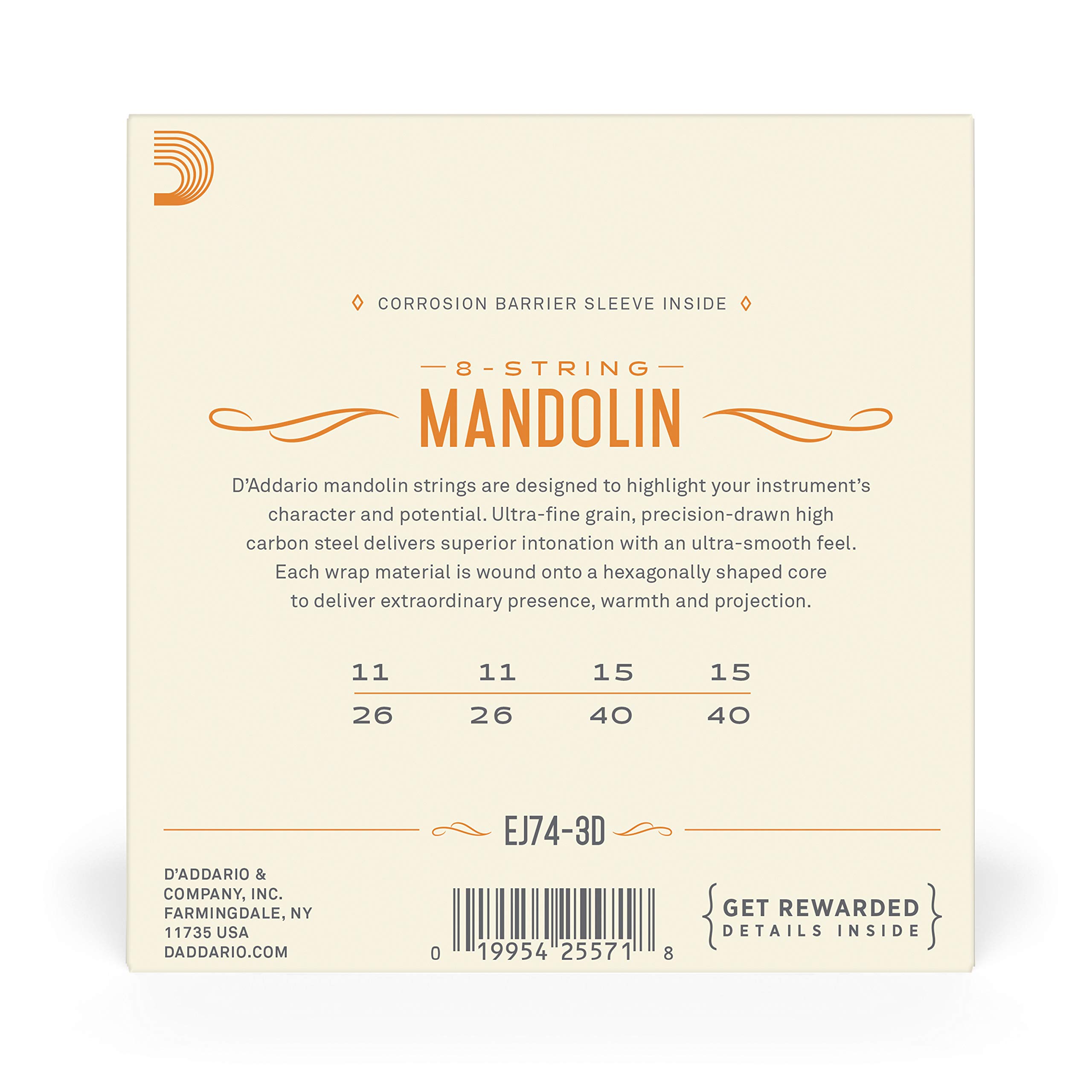 D'Addario Mandolin Strings - Mandolin Strings - Phosphor Bronze - For 8 String Mandolin - Rich, Full Tonal Spectrum - EJ74-3D - Medium, 11-40