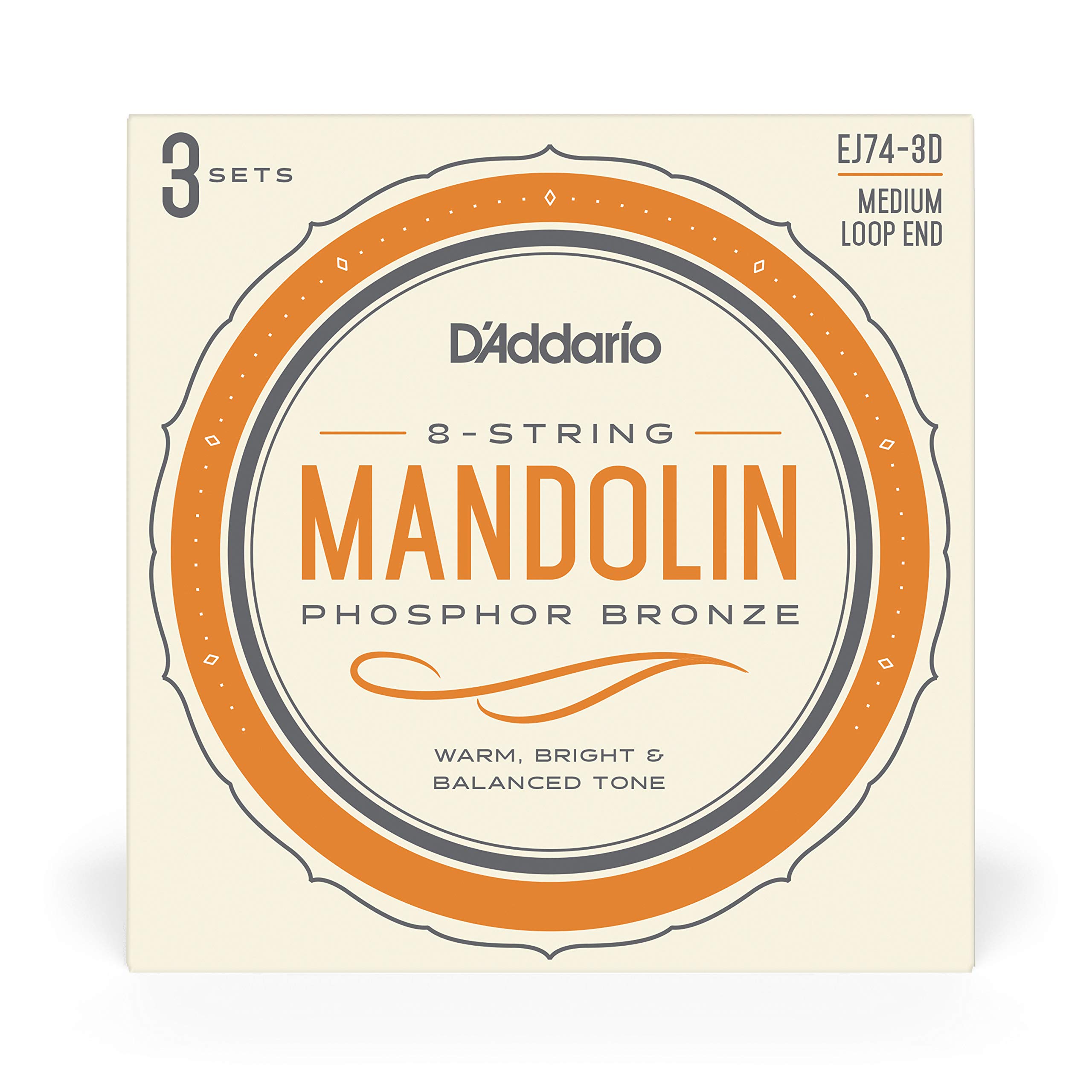 D'Addario Mandolin Strings - Mandolin Strings - Phosphor Bronze - For 8 String Mandolin - Rich, Full Tonal Spectrum - EJ74-3D - Medium, 11-40