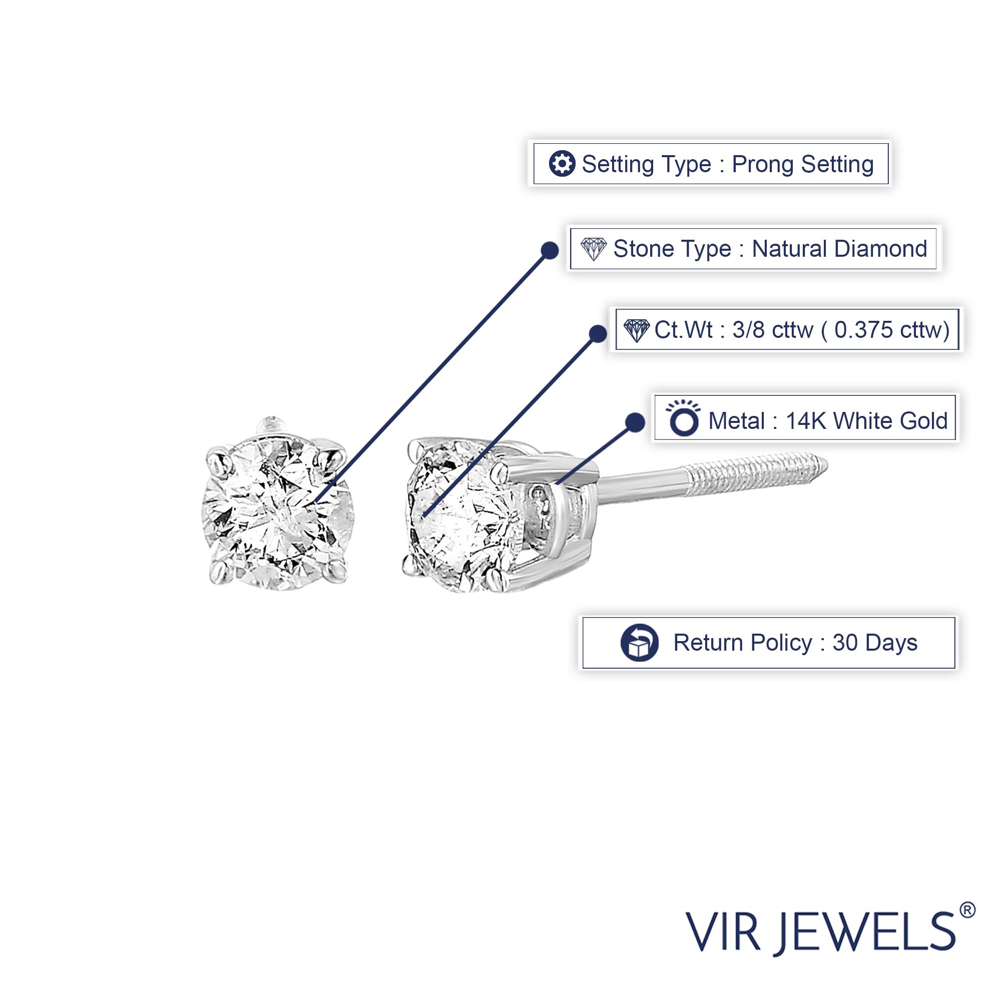 Vir Jewels 3/8 cttw Diamond Stud Earrings 14K White Gold Round Prong Set Basket Screw Backs