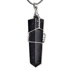 Zenergy Gems Selenite Charged Wire-Wrapped Natural Gemstone Pendant + 20" Silver Chain * Baby Selenite Pocket Puffy Heart (Black Tourmaline (Himalayan))