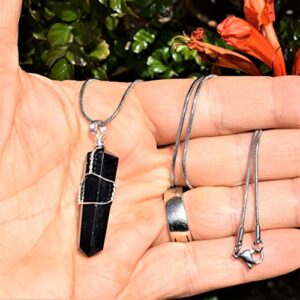 Zenergy Gems Selenite Charged Wire-Wrapped Natural Gemstone Pendant + 20" Silver Chain * Baby Selenite Pocket Puffy Heart (Black Tourmaline (Himalayan))