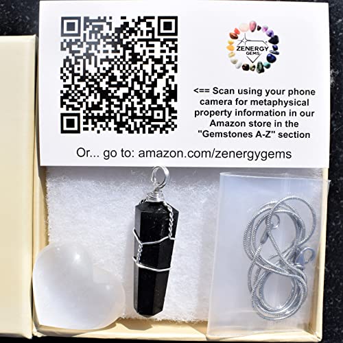 Zenergy Gems Selenite Charged Wire-Wrapped Natural Gemstone Pendant + 20" Silver Chain * Baby Selenite Pocket Puffy Heart (Black Tourmaline (Himalayan))